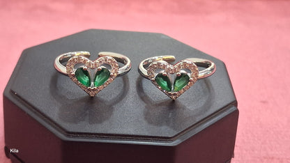 92.5 Silver Heart Shape Green Stone Toe Rings | Premium Dual Stone Design | Jewellery