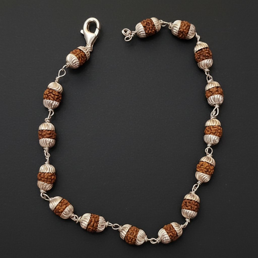 Bracelet with brown and white beads on a blue textured background