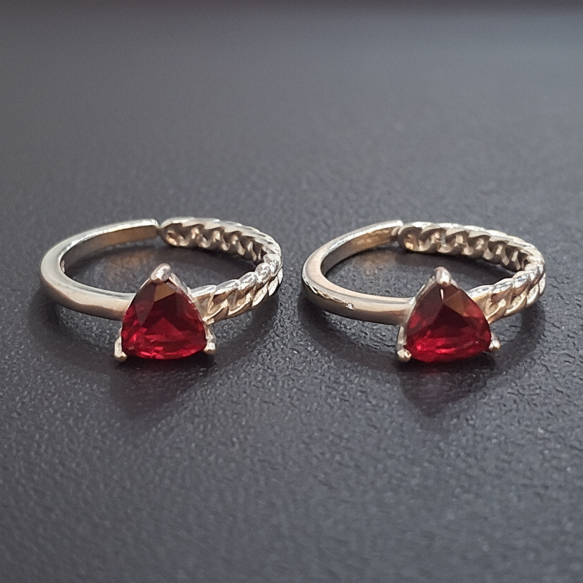 Two gold rings with red gemstones on a black stand against a pink background