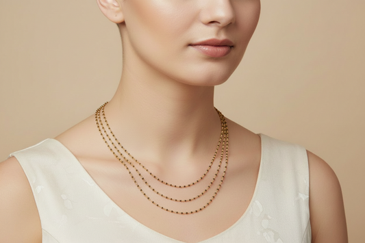 92.5 Silver Gold Plated Triple Black Beads Chain 18 Inches | Premium Layered Design | Jewellery