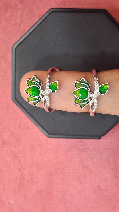 92.5 Silver Green Lotus Toe Rings | Elegant Floral Design | Jewellery