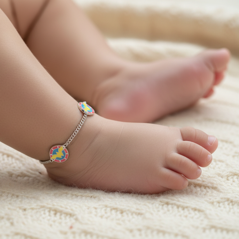 Baby's foot wearing a colorful bracelet on a soft surface