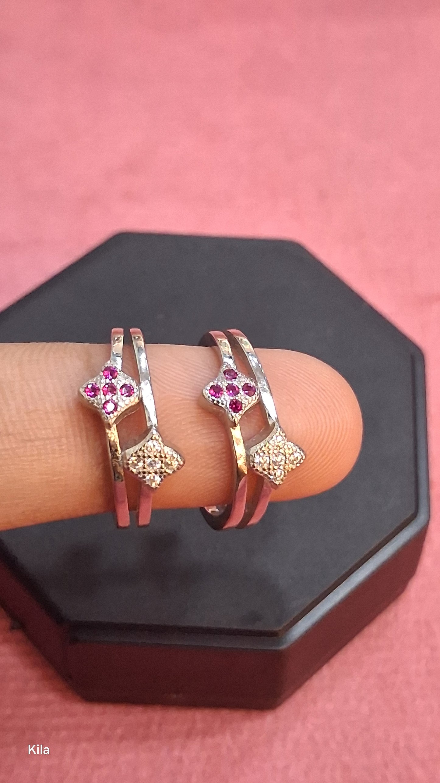 92.5 Silver White & Pink Stone Toe Rings | Premium Dual Tone Design | Jewellery