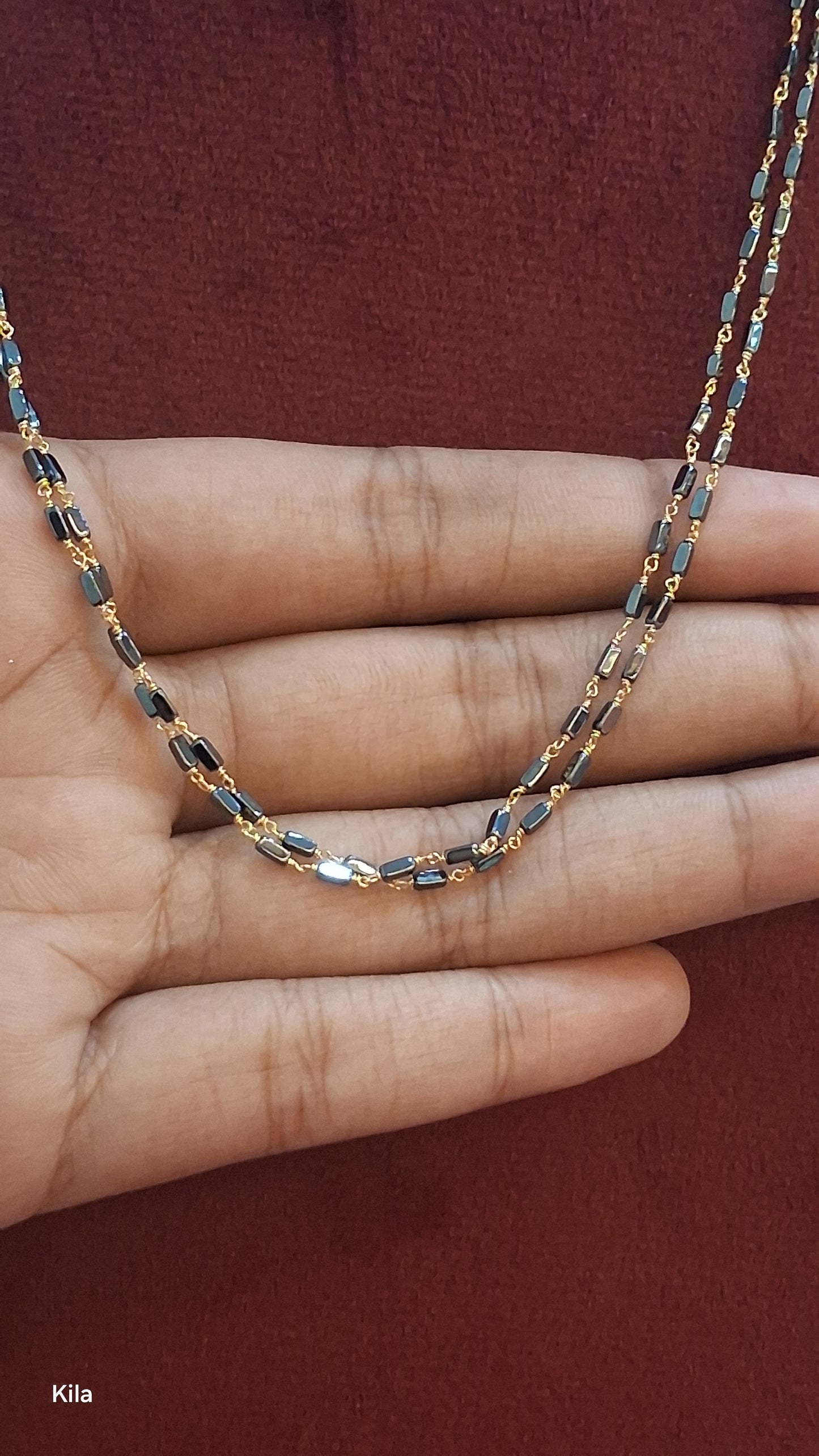 92.5 Silver Gold Plated Double Line Black Beads Chain 19 Inches | Premium Layered Design | Jewellery