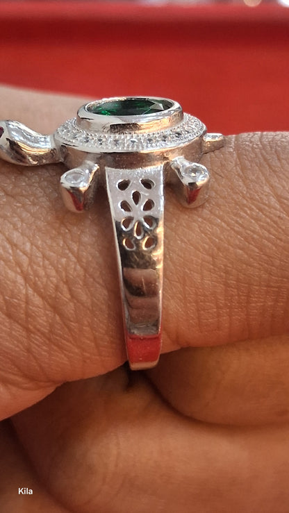 92.5 Silver Green Stone Tortoise Ring | Stylish Vibrant Design | Elegant Jewellery