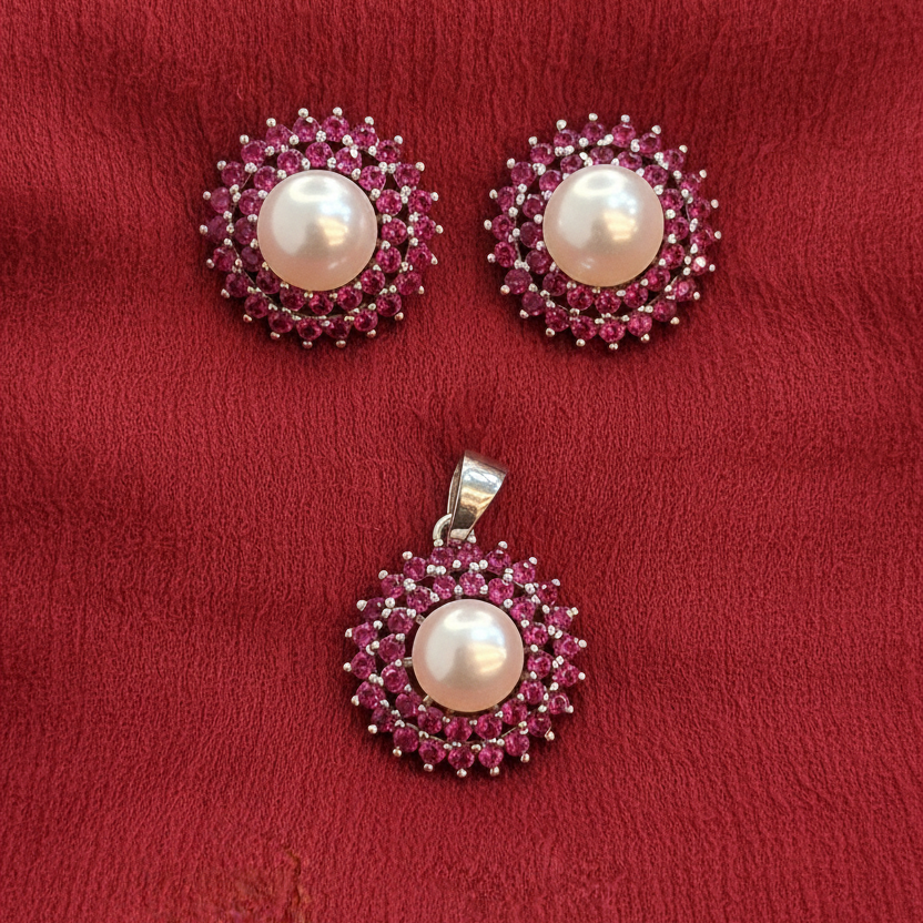 Pearl earrings with pink gemstones on a hand against a red fabric background