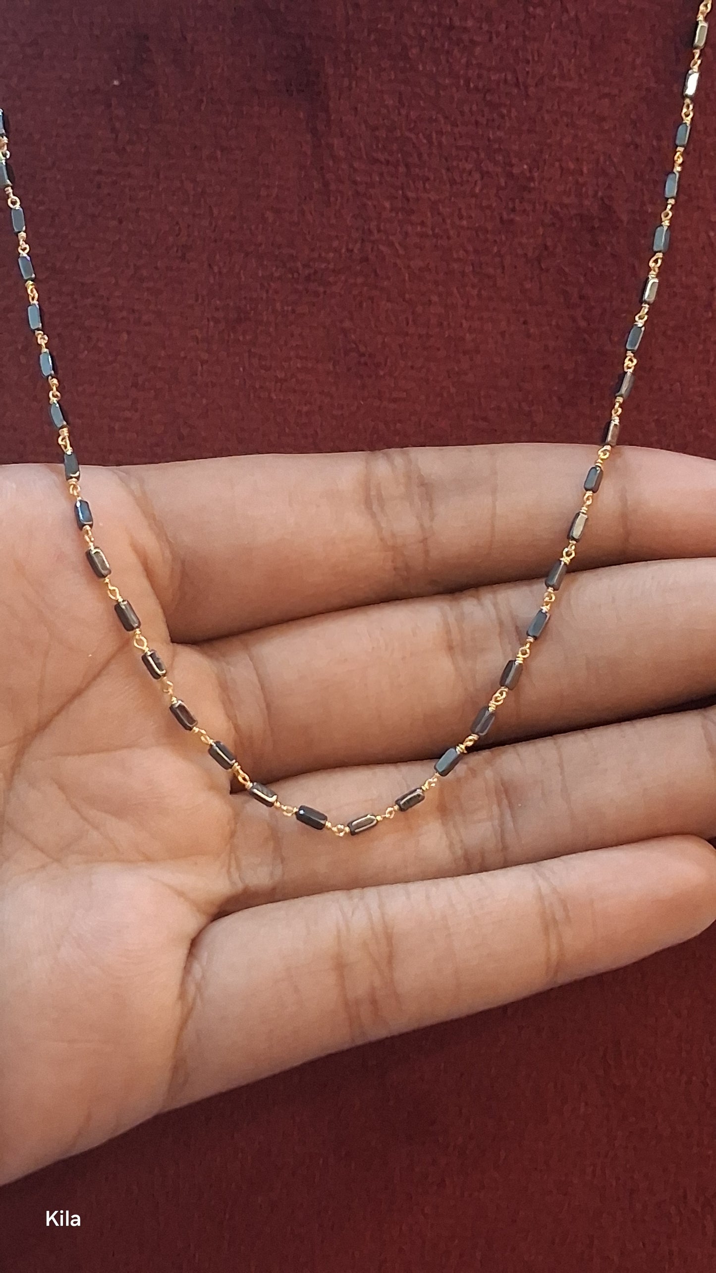 92.5 Silver Gold Plated Black Beads Chain 19 Inches | Stylish Single Line Design | Jewellery