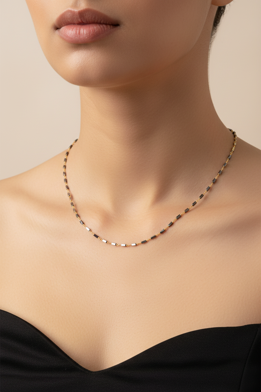 92.5 Silver Gold Plated Black Beads Chain 19 Inches | Stylish Single Line Design | Jewellery