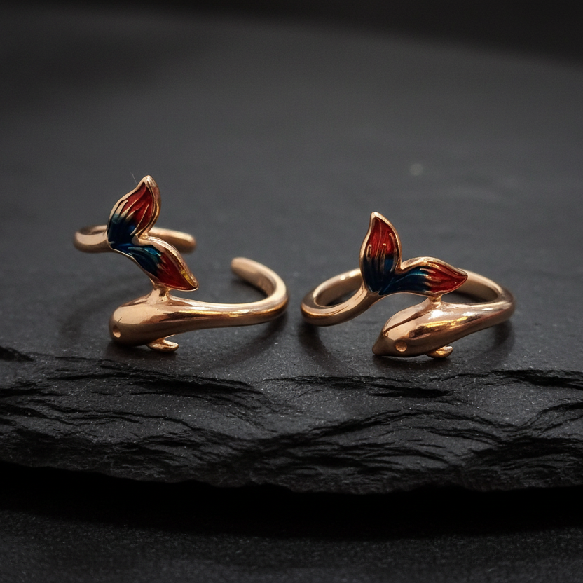 Pair of gold earrings with red and blue accents on a black stand against a pink background.