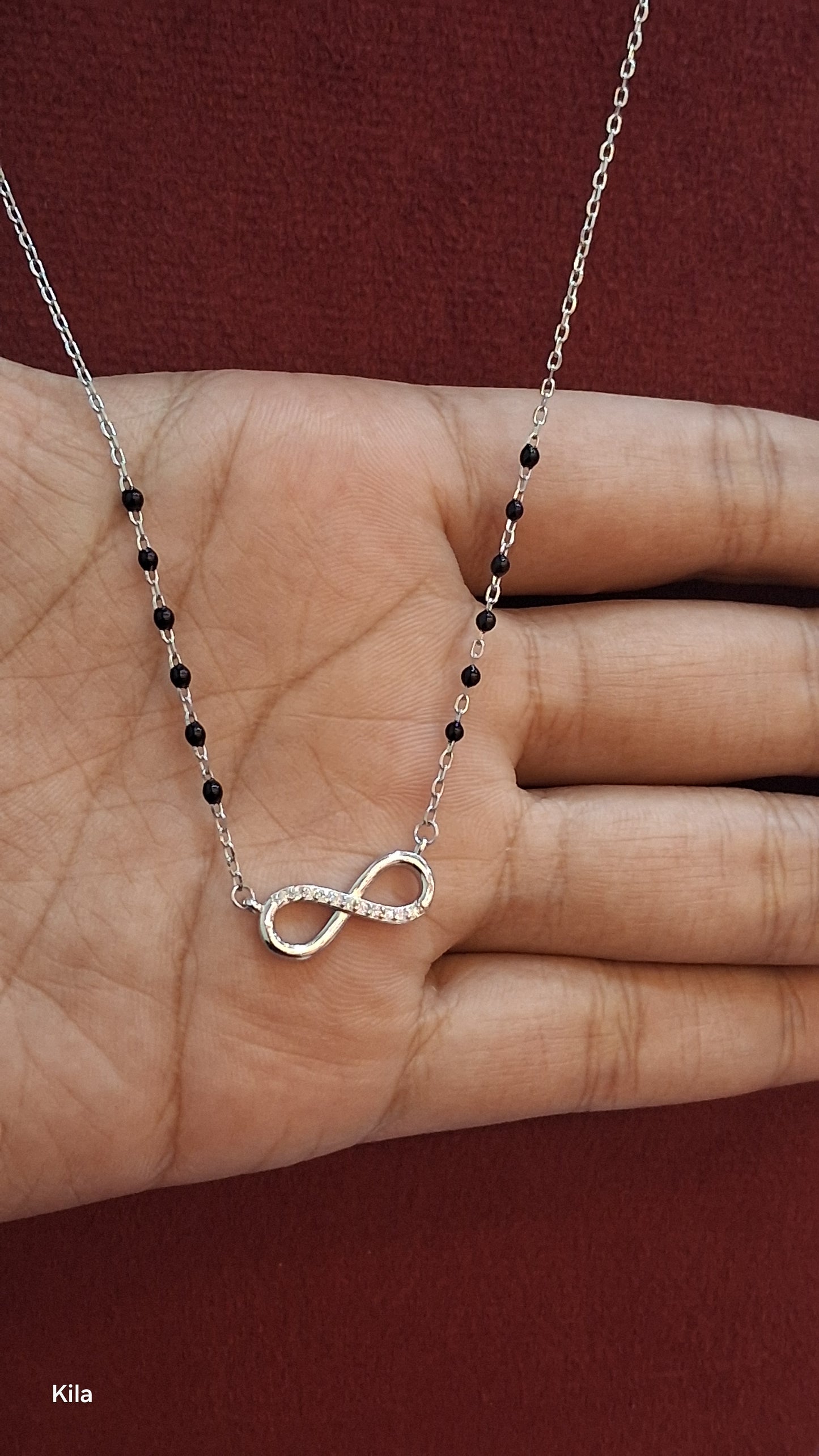 92.5 Silver Infinity Black Beads Chain 19 Inches | Stylish Modern Design | Jewellery