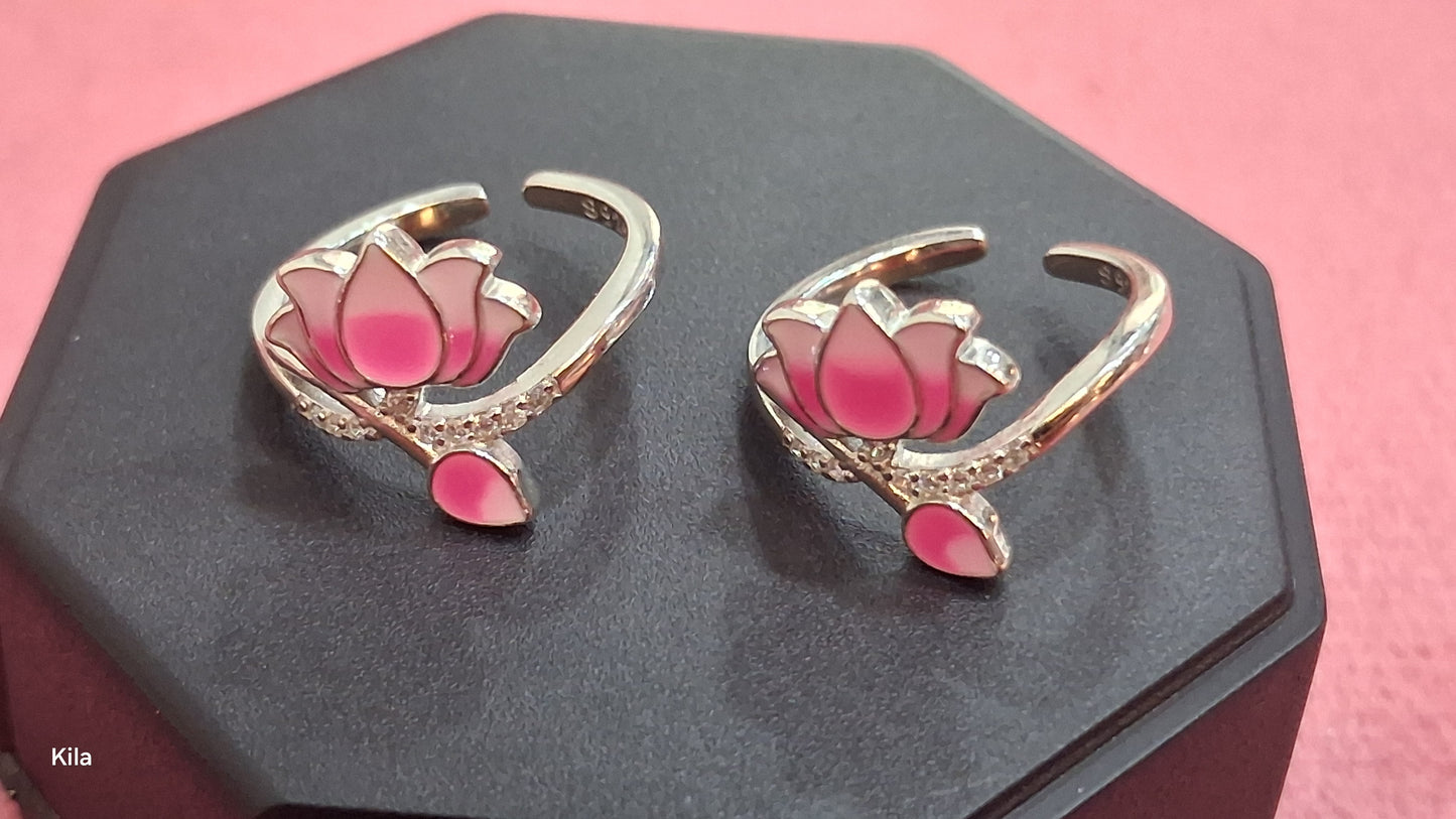 92.5 Silver Pink Lotus Toe Rings | Elegant Floral Design | Jewellery