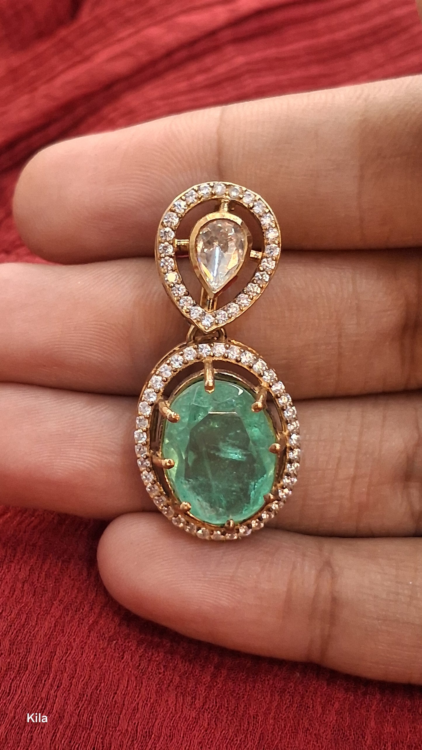 925 Silver Gold Plated Green Stone Pendant Set | Stylish Elegant Design | Jewellery Set