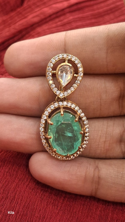 925 Silver Gold Plated Green Stone Pendant Set | Stylish Elegant Design | Jewellery Set