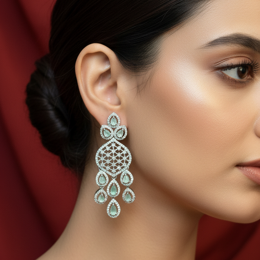 925 Silver White & Green Stone Earrings | Stylish Elegant Design | Premium Jewellery
