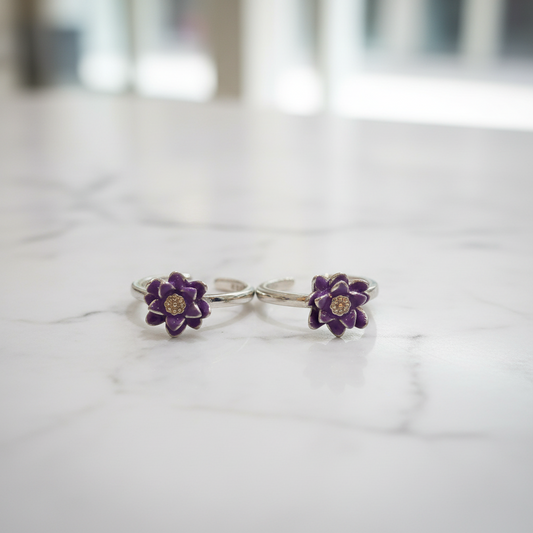 92.5 Silver Purple Flower Toe Rings | Elegant Floral Design | Jewellery