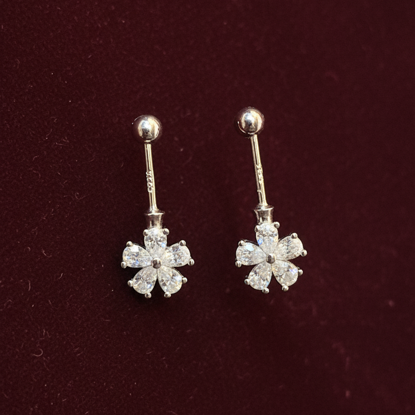 Pair of silver flower-shaped earrings on a dark background