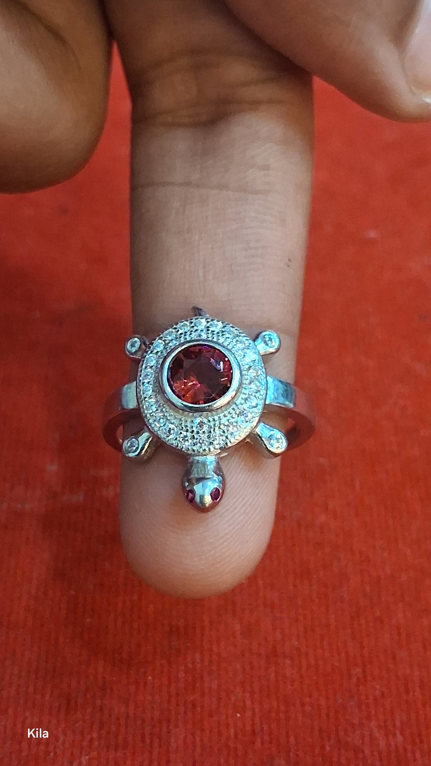 92.5 Silver Red Stone Tortoise Ring | Stylish Vibrant Design | Elegant Jewellery
