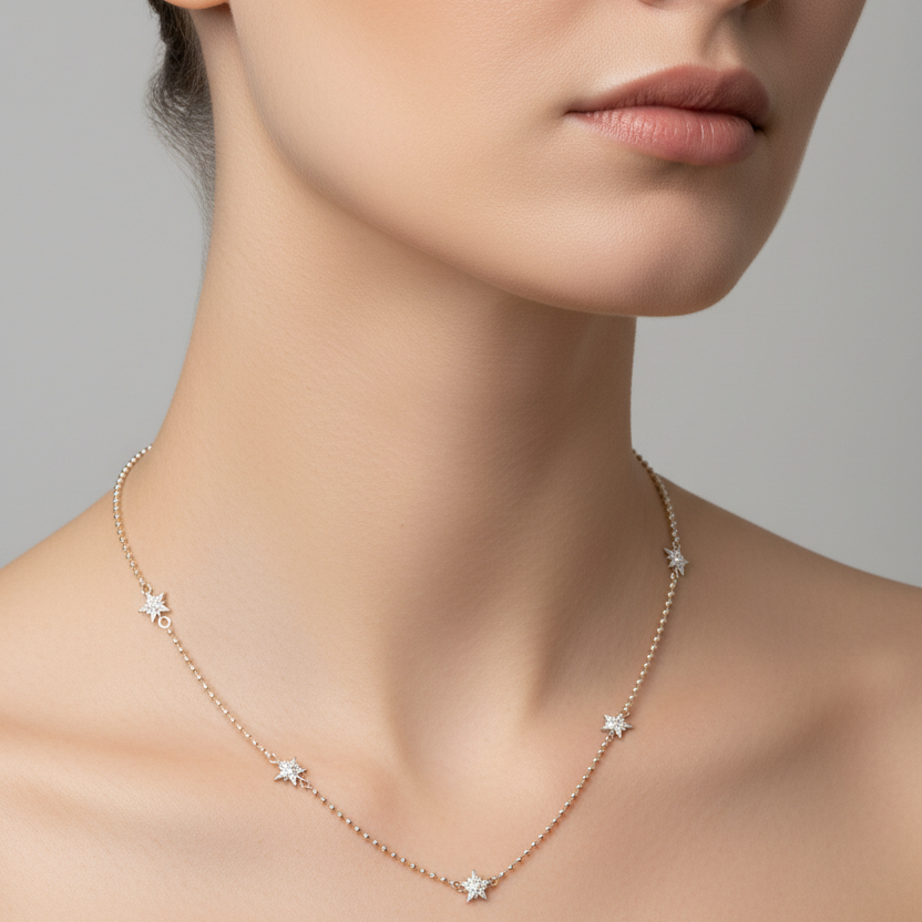 Necklace with star-shaped pendants on a neutral background