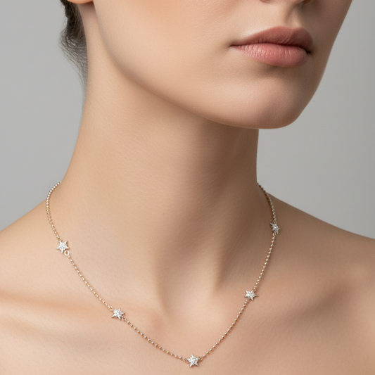 Necklace with star-shaped pendants on a neutral background