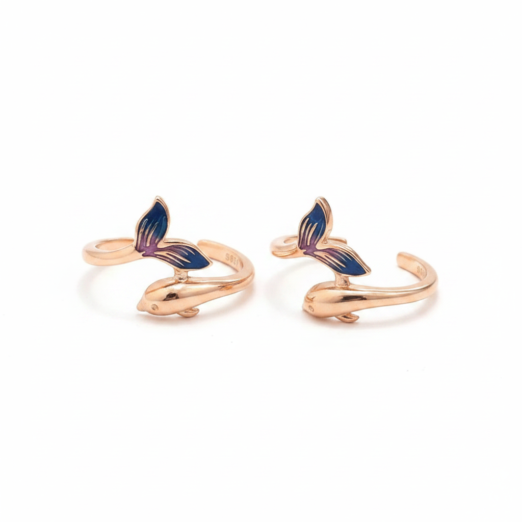 92.5 Silver Rose Gold Dolphin Toe Rings | Premium Elegant Ocean Design | Jewellery