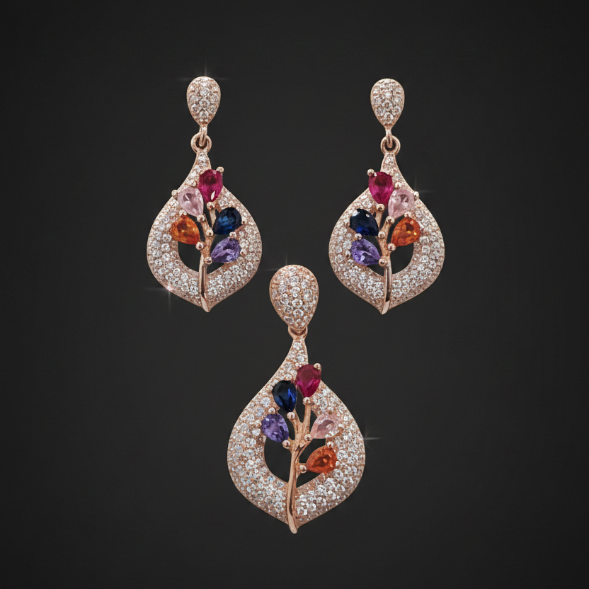 Two diamond earrings held between fingers against a red fabric background