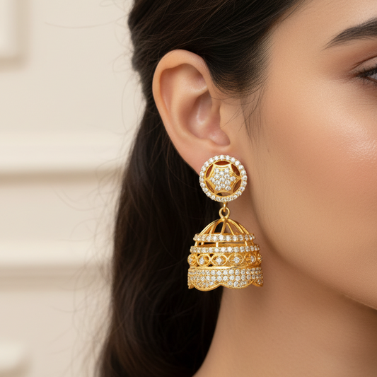 92.5 Silver Gold Plated White Stone Jhumki | Traditional Elegant Design | Jewellery