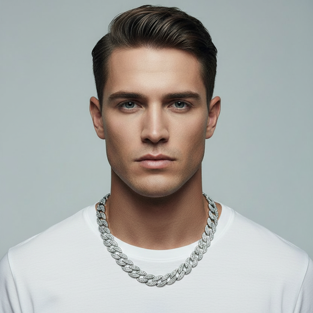 Man with a silver chain necklace against a gray background