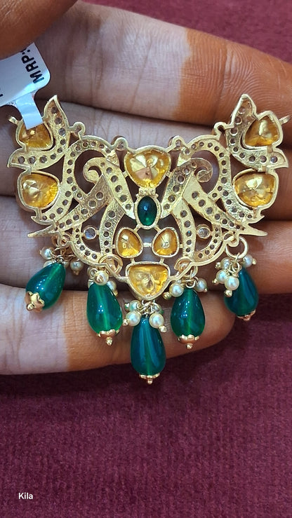 92.5 Silver Gold Plated Kundan Pendant | Stylish Traditional Design | Elegant Jewellery