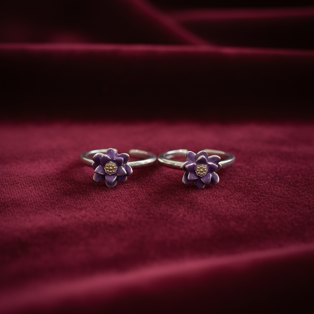 92.5 Silver Purple Flower Toe Rings | Elegant Floral Design | Jewellery