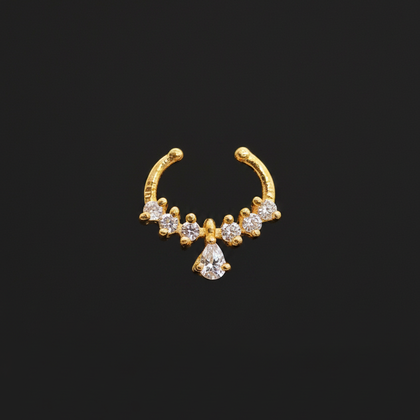 Gold nose ring with small diamonds on a teal textured background