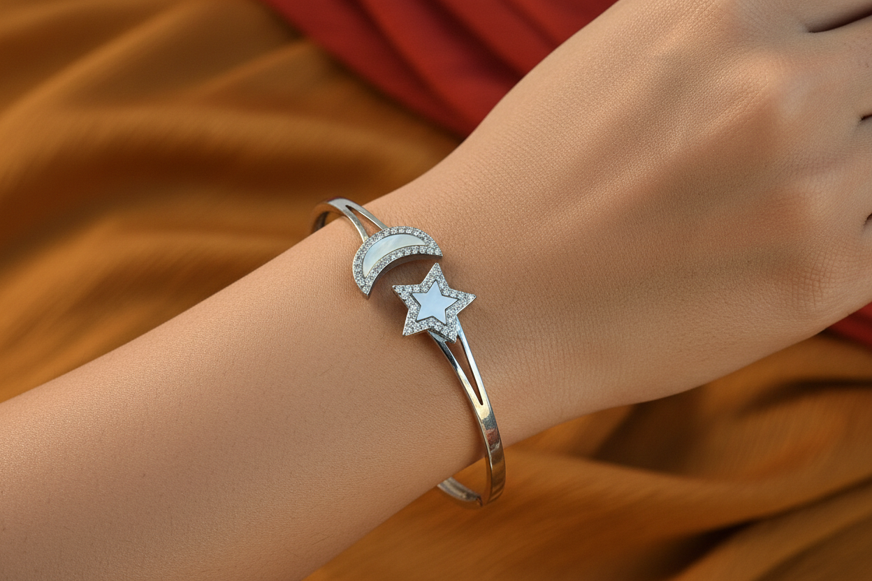 92.5 Silver Star & Moon Kada | Stylish Celestial Design | Elegant Jewellery