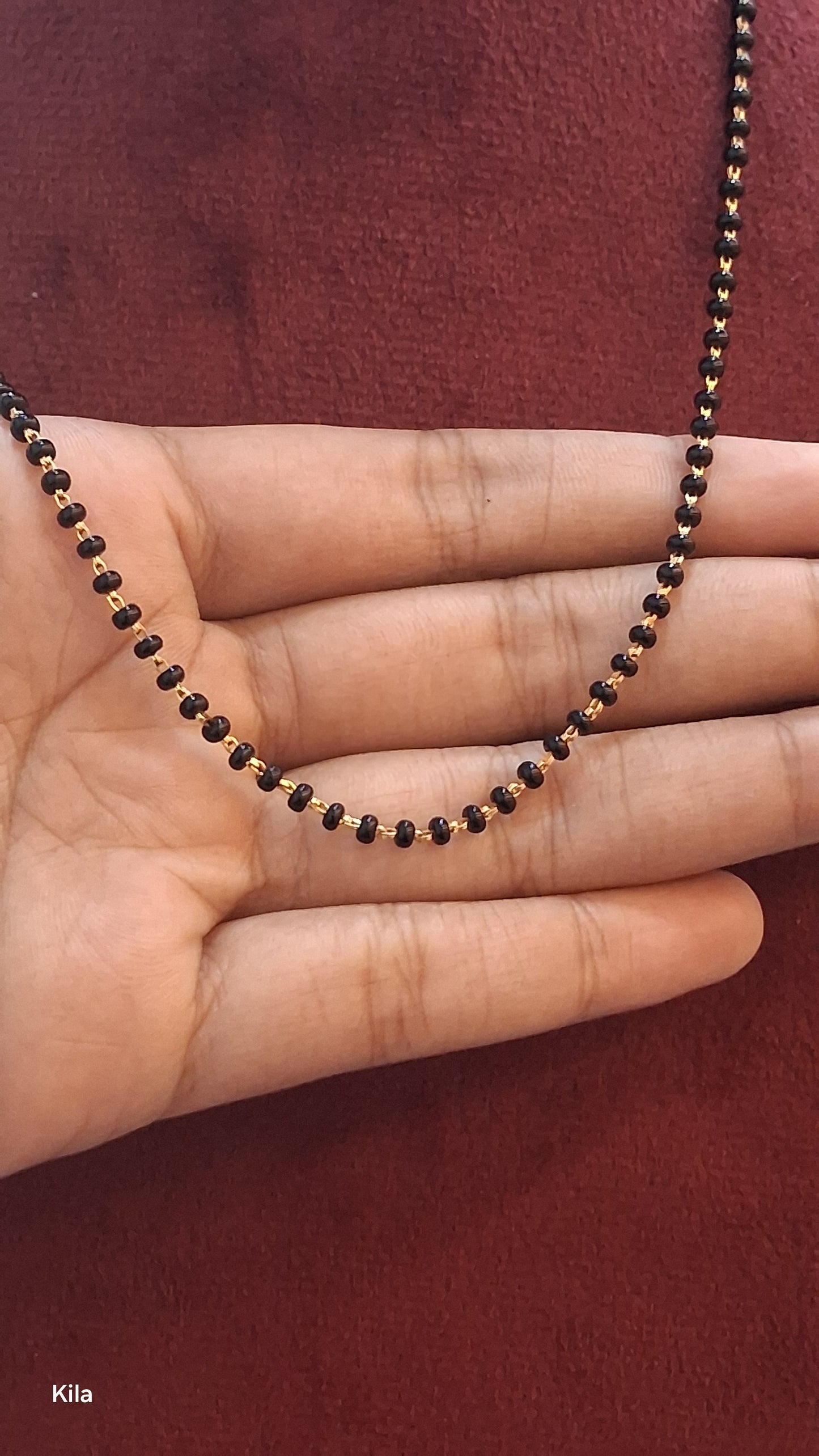 92.5 Silver Gold Plated Black Beads Chain 18 Inches | Classic Single Line Design | Jewellery