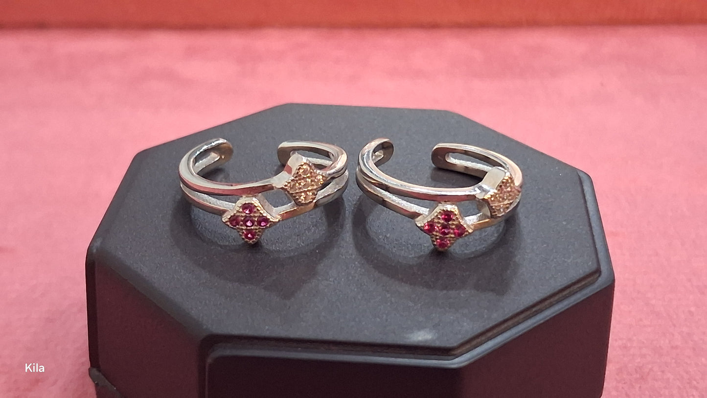 92.5 Silver White & Pink Stone Toe Rings | Premium Dual Tone Design | Jewellery