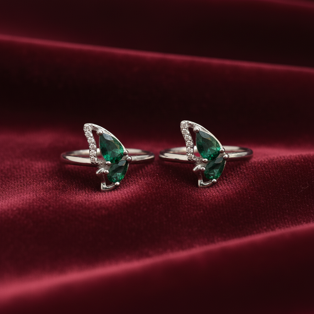 92.5 Silver Green Stone Toe Rings | Stylish Elegant Design | Jewellery
