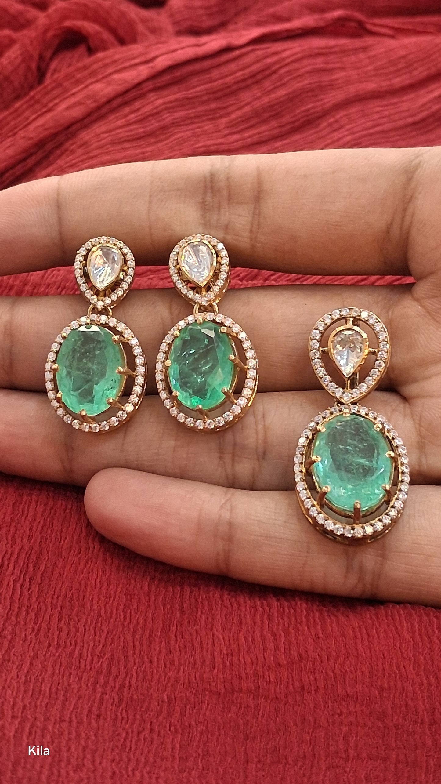 925 Silver Gold Plated Green Stone Pendant Set | Stylish Elegant Design | Jewellery Set