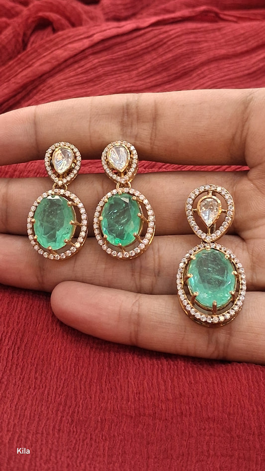 925 Silver Gold Plated Green Stone Pendant Set | Stylish Elegant Design | Jewellery Set