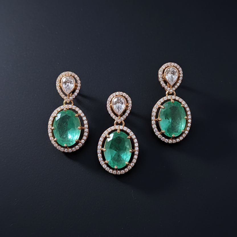 925 Silver Gold Plated Green Stone Pendant Set | Stylish Elegant Design | Jewellery Set