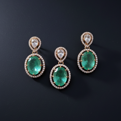 925 Silver Gold Plated Green Stone Pendant Set | Stylish Elegant Design | Jewellery Set