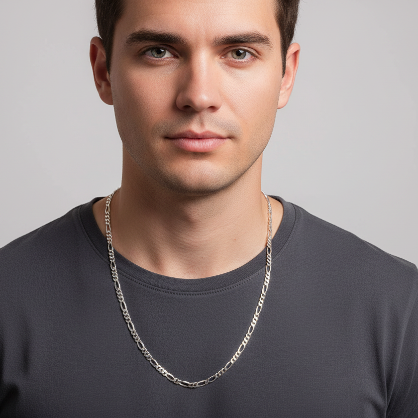 Man wearing a silver chain necklace against a gray background