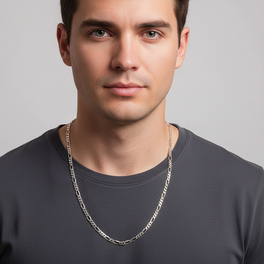 Man wearing a silver chain necklace against a gray background