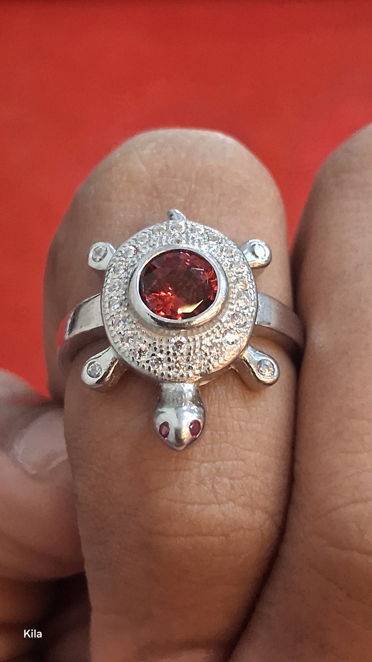 92.5 Silver Red Stone Tortoise Ring | Stylish Vibrant Design | Elegant Jewellery