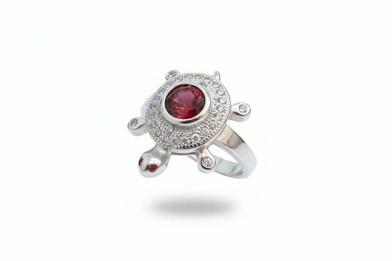 92.5 Silver Red Stone Tortoise Ring | Stylish Vibrant Design | Elegant Jewellery