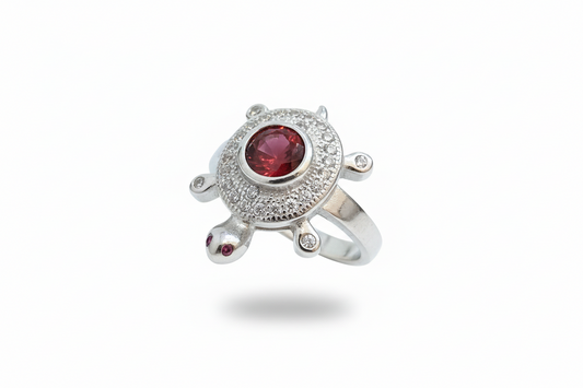 92.5 Silver Red Stone Tortoise Ring | Stylish Vibrant Design | Elegant Jewellery