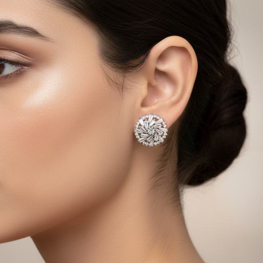 92.5 Silver Round White Stone Earrings | Classic Elegant Design | Jewellery