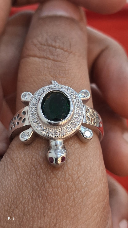92.5 Silver Green Stone Tortoise Ring | Stylish Vibrant Design | Elegant Jewellery