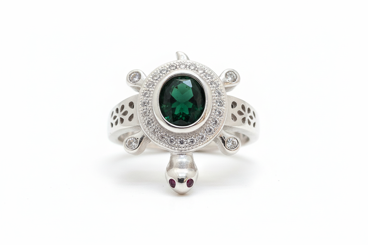92.5 Silver Green Stone Tortoise Ring | Stylish Vibrant Design | Elegant Jewellery
