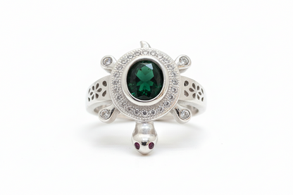 92.5 Silver Green Stone Tortoise Ring | Stylish Vibrant Design | Elegant Jewellery