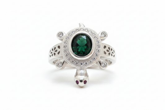 92.5 Silver Green Stone Tortoise Ring | Stylish Vibrant Design | Elegant Jewellery