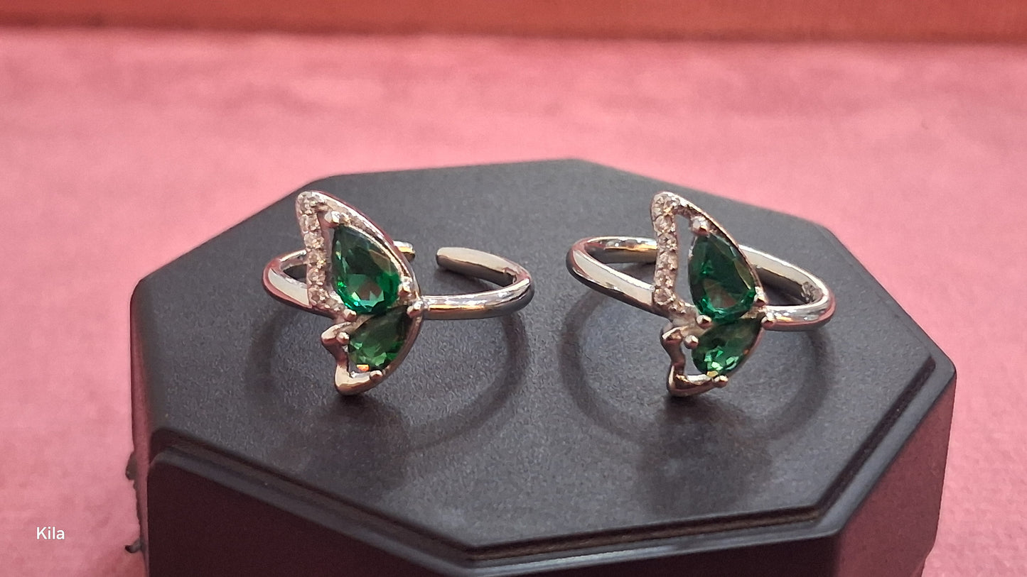 92.5 Silver Green Stone Toe Rings | Stylish Elegant Design | Jewellery